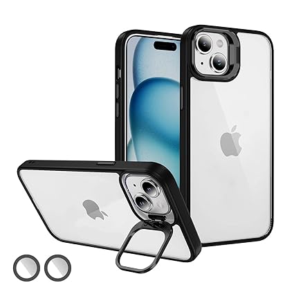 Asr Prime Thermoplastic Polyurethane Lens Flip Back Cover For iPhone 15 Plus Stand Holder Back Case With Lens Guard Scratch Resistant Slim Thin Military-Grade Protection-Black