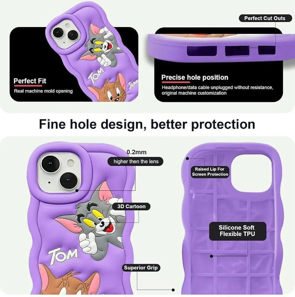 Asr Prime Tom and Jerry Cartoon Back Cover for Apple iPhone 13, Soft Silicone 3D Cute Cartoon Full Protective Case (Purple, Camera Bump Protector, Silicon, Pack of: 1)