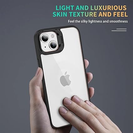 Asr Prime Thermoplastic Polyurethane Lens Flip Back Cover For iPhone 15 Plus Stand Holder Back Case With Lens Guard Scratch Resistant Slim Thin Military-Grade Protection-Black